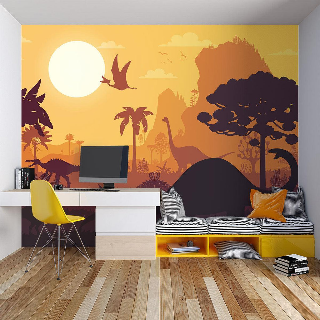 Dinosaur Mural Wallpaper | Prehistoric Sunset Landscape