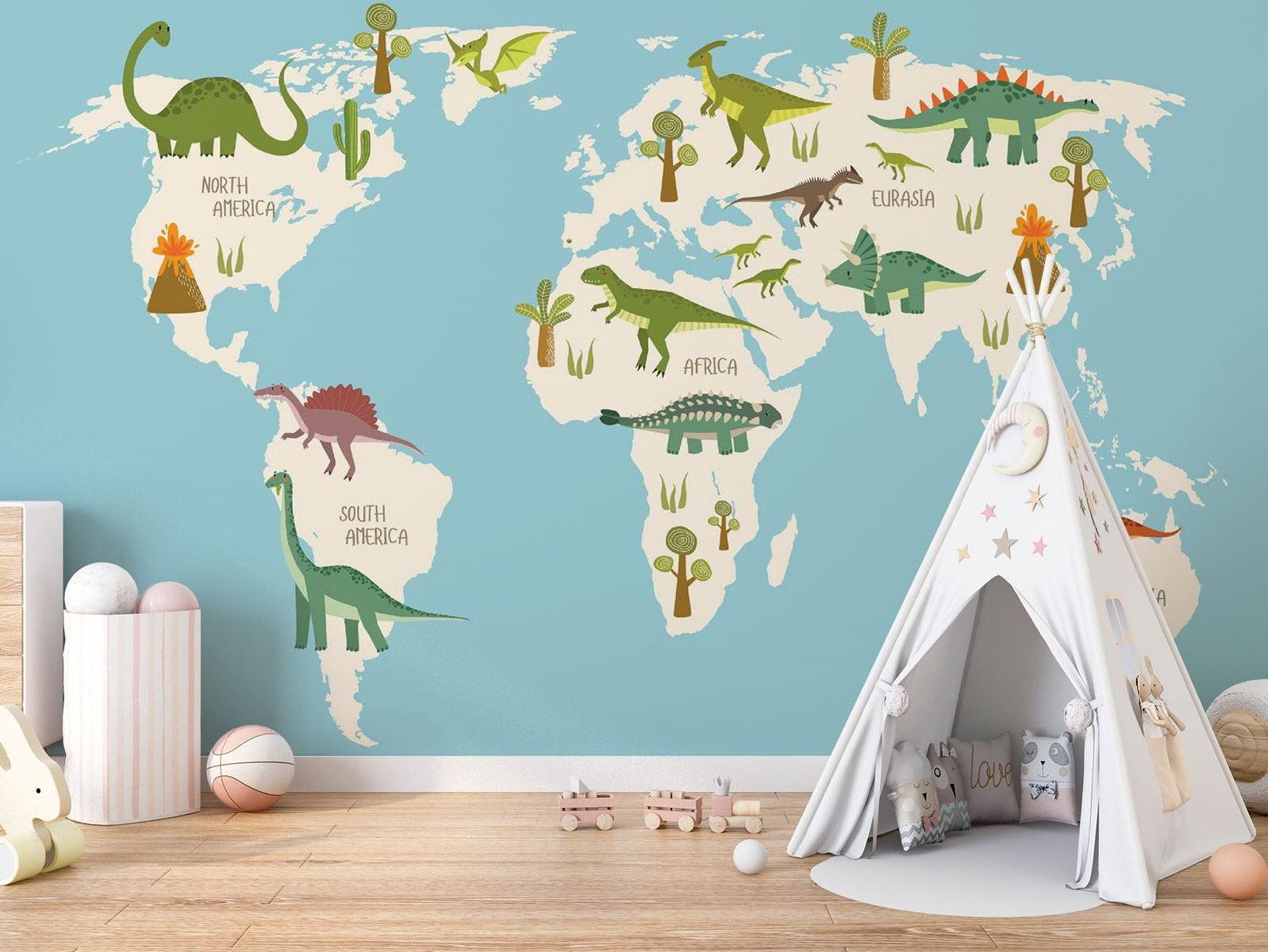 Dinosaur Mural Wallpaper | Educational World Map Design