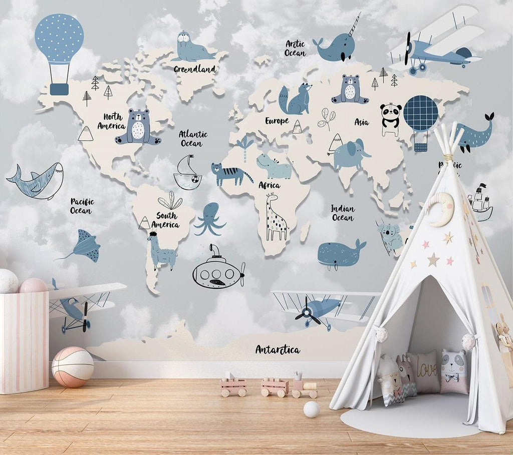 World Map Mural Wallpaper | Kids Adventure With Animals and Hot Air Balloons