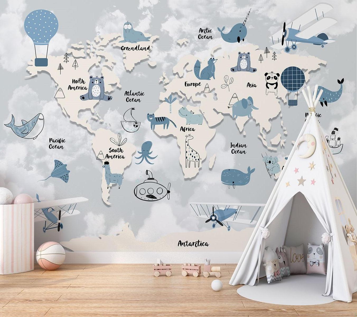 World Map Mural Wallpaper | Kids Adventure With Animals and Hot Air Balloons
