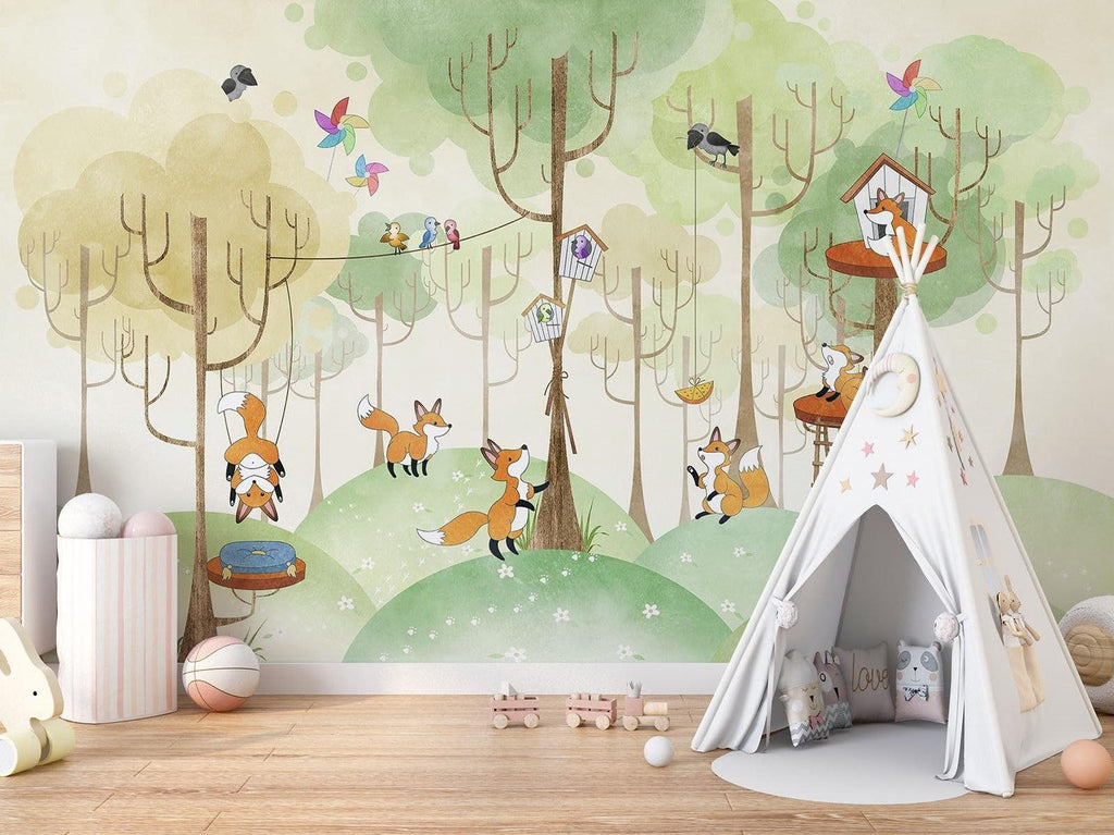Forest Animals Mural Wallpaper | Playful Fox Treehouse Scene
