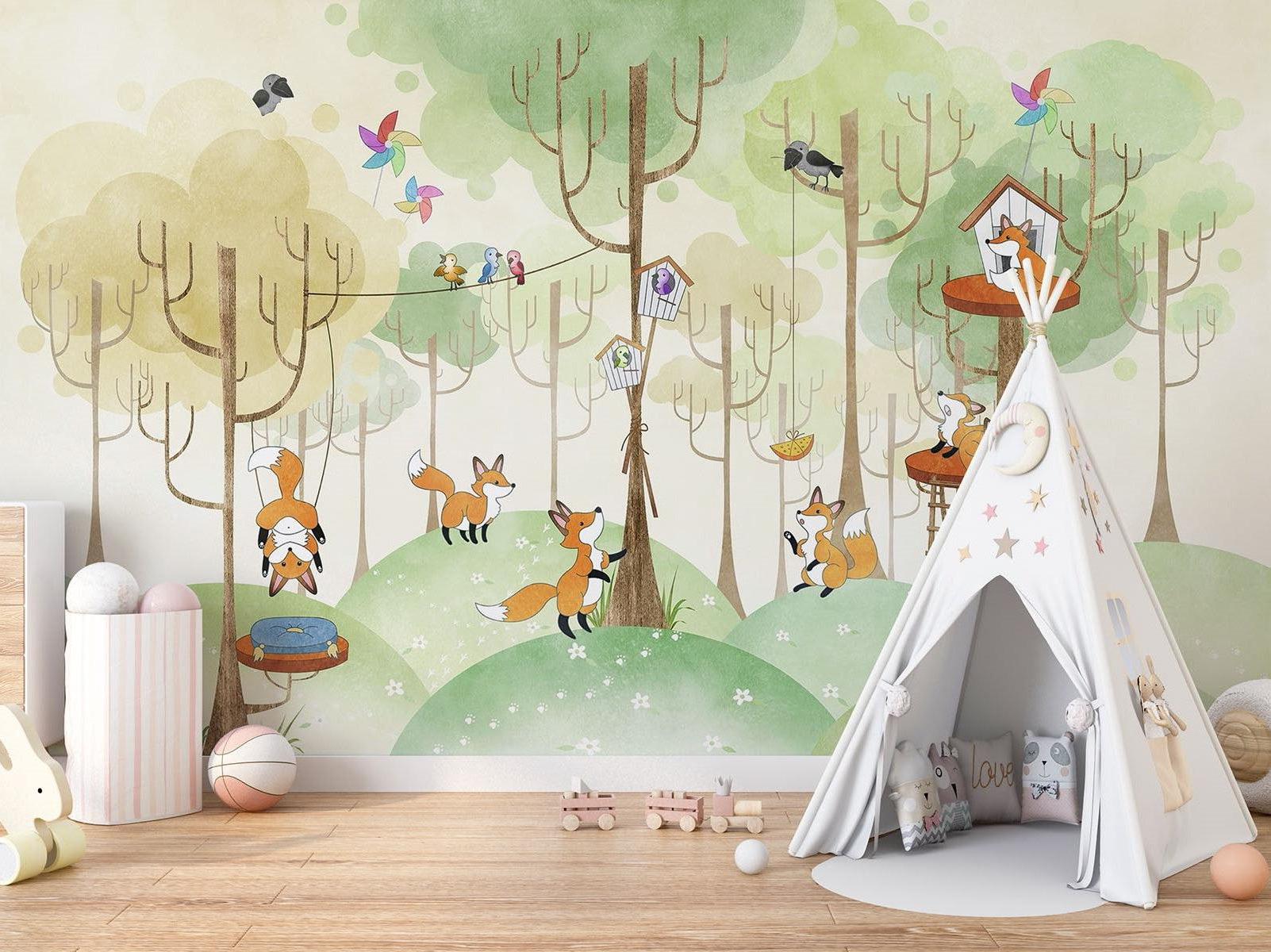Forest Animals Mural Wallpaper | Playful Fox Treehouse Scene