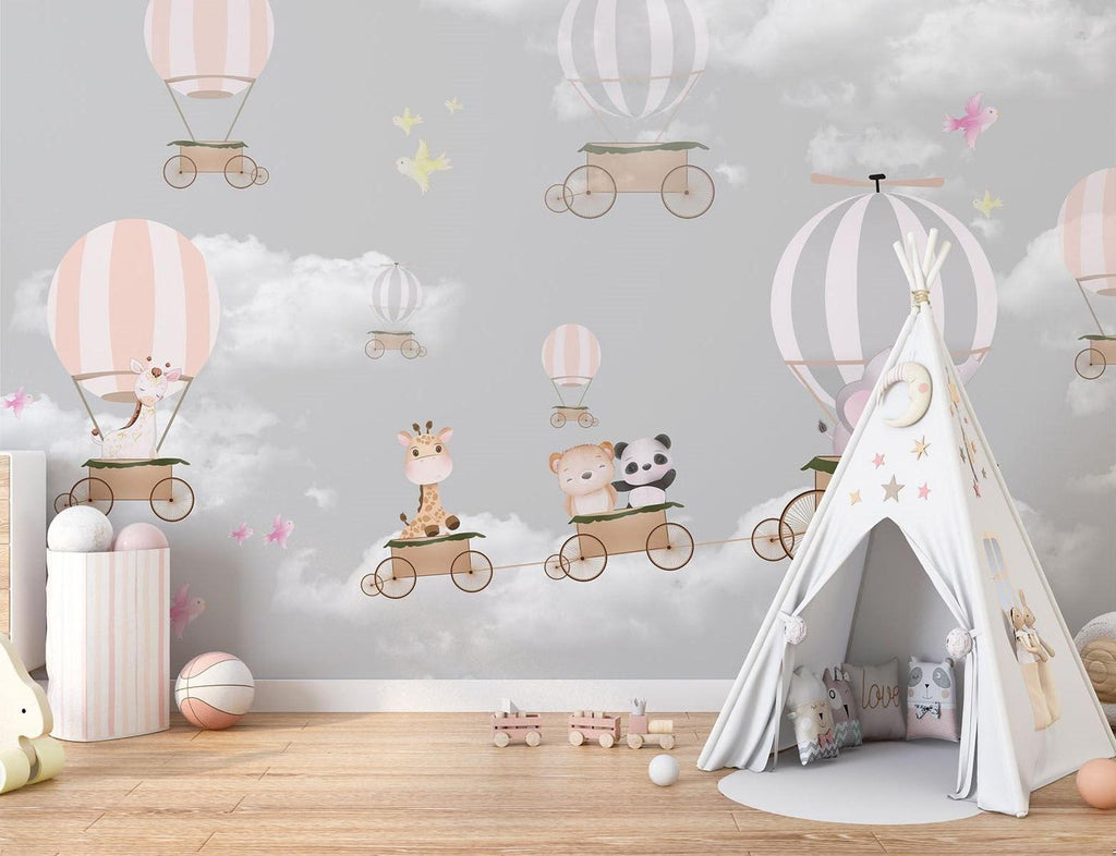 Hot Air Balloon Mural Wallpaper | Animal Adventure in Pink and Grey