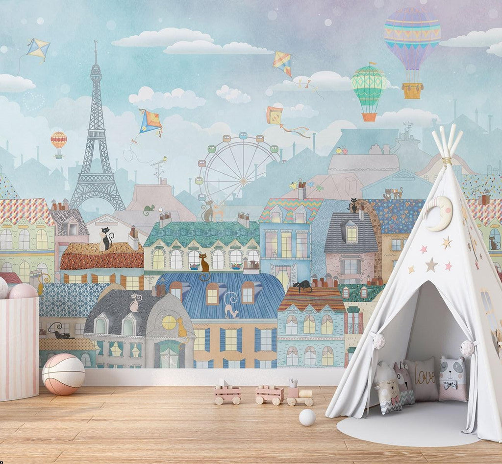 Paris Mural Wallpaper | Whimsical Cityscape With Hot Air Balloons