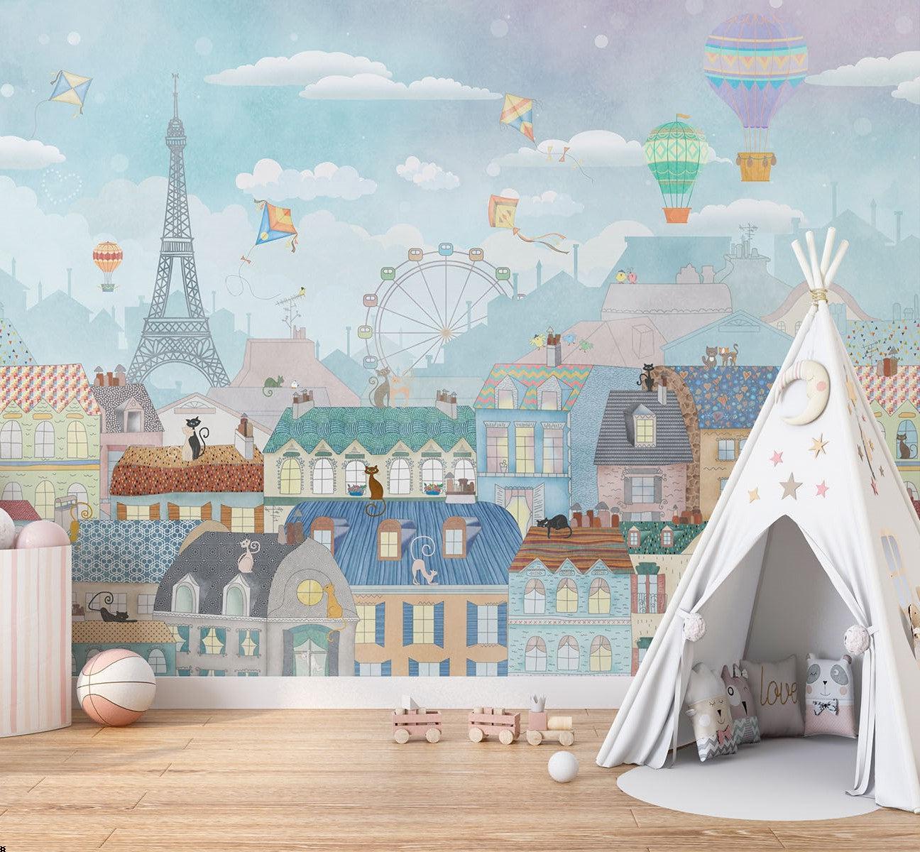 Paris Mural Wallpaper | Whimsical Cityscape With Hot Air Balloons