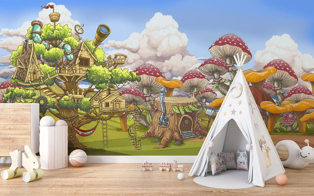 Fantasy Treehouse Mural Wallpaper | Magical Mushroom Forest Adventure
