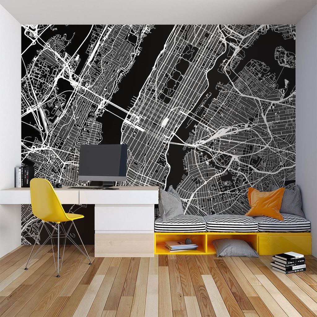City Map Mural Wallpaper | Modern Black and White Urban Design
