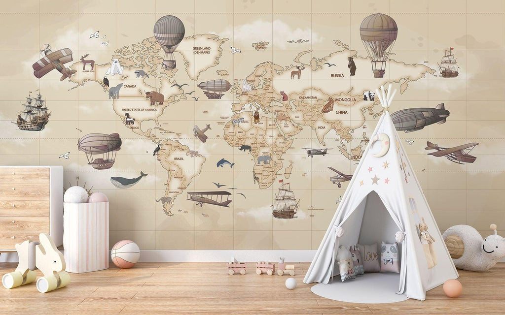 World Map Mural Wallpaper | Vintage Adventure Theme With Hot Air Balloons