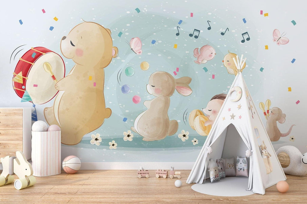 Musical Animals Mural Wallpaper | Playful Nursery Band with Bear and Bunny
