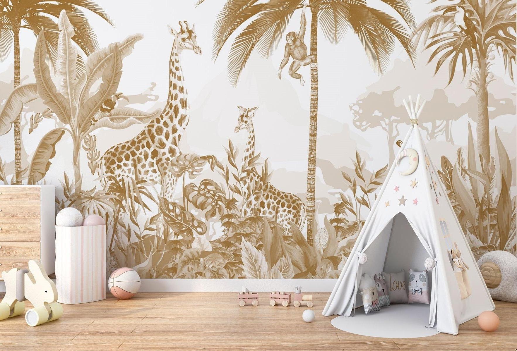 Safari Mural Wallpaper | Golden Jungle Animals Design
