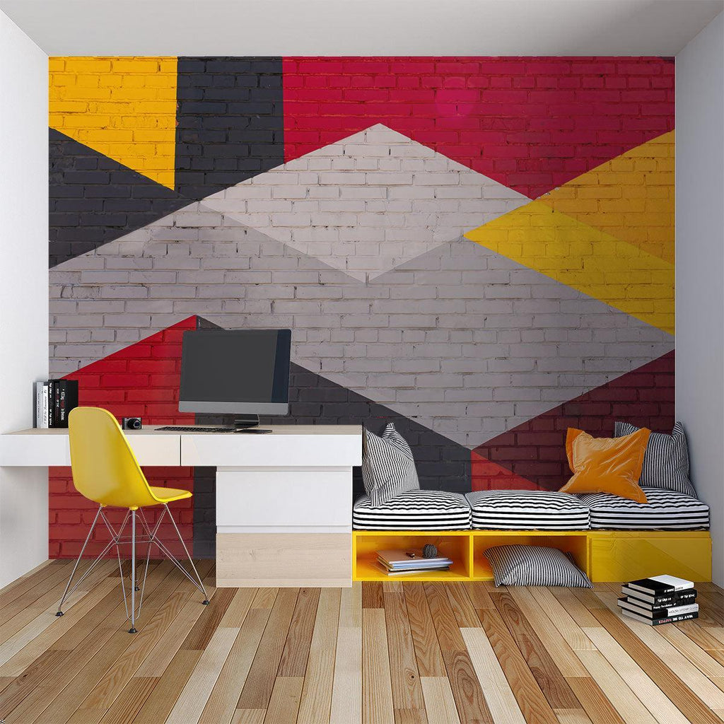 Geometric Mural Wallpaper | Modern Brick Pattern with Red and Yellow