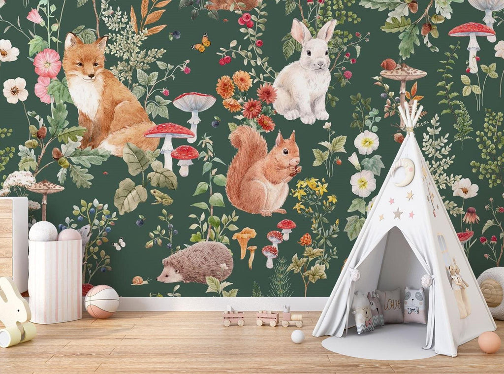 Forest Animals Mural Wallpaper | Woodland Creatures With Mushrooms