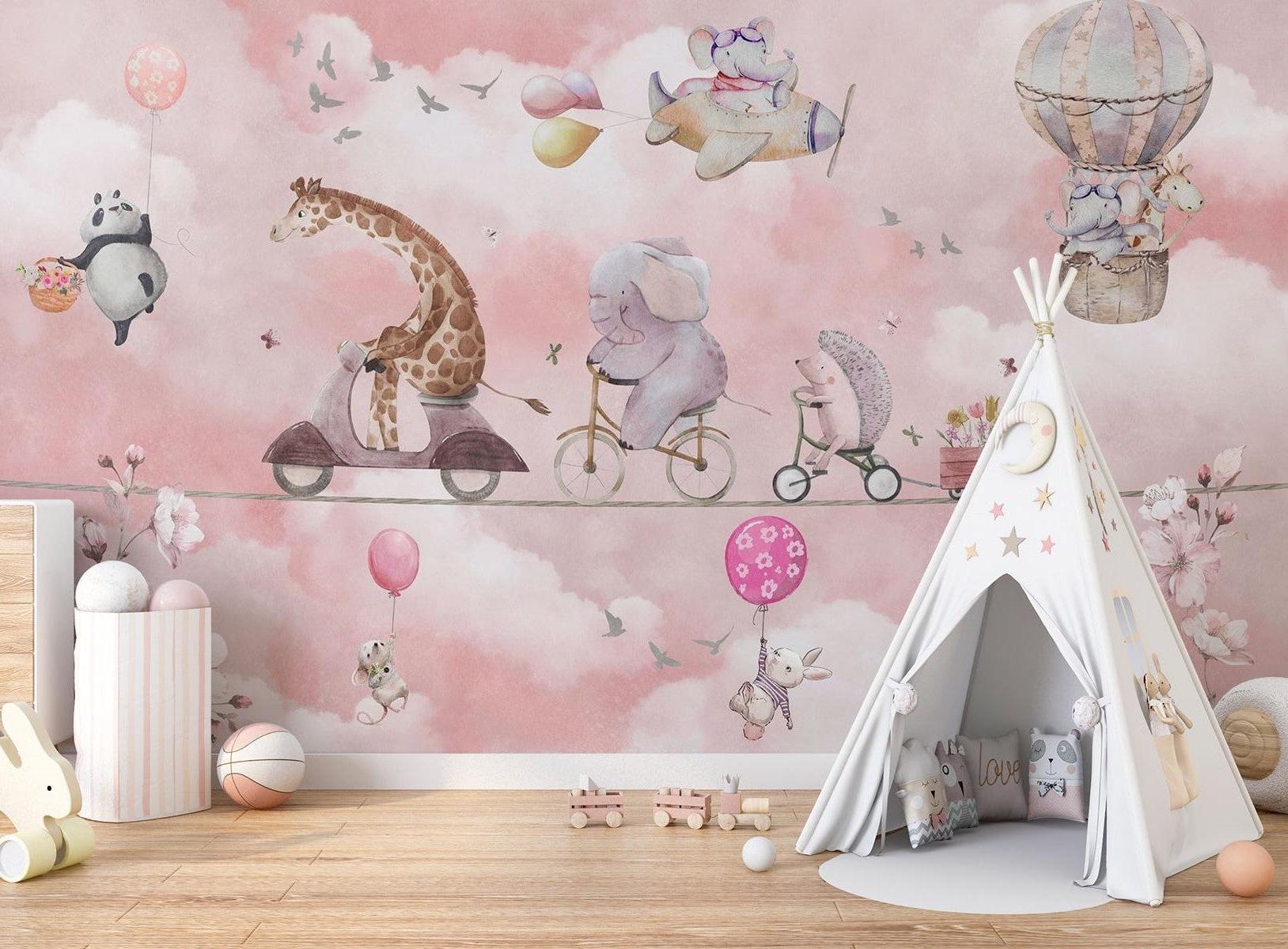 Kids Animal Mural Wallpaper | Adventure Parade in Pink Sky