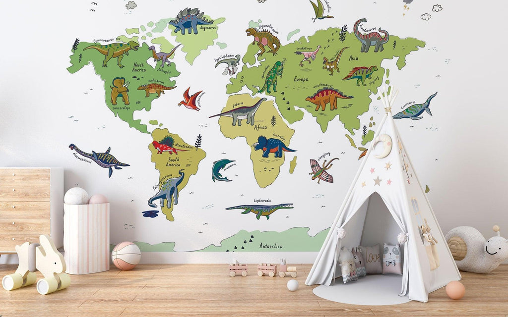 Dinosaur Mural Wallpaper | World Map Educational Design