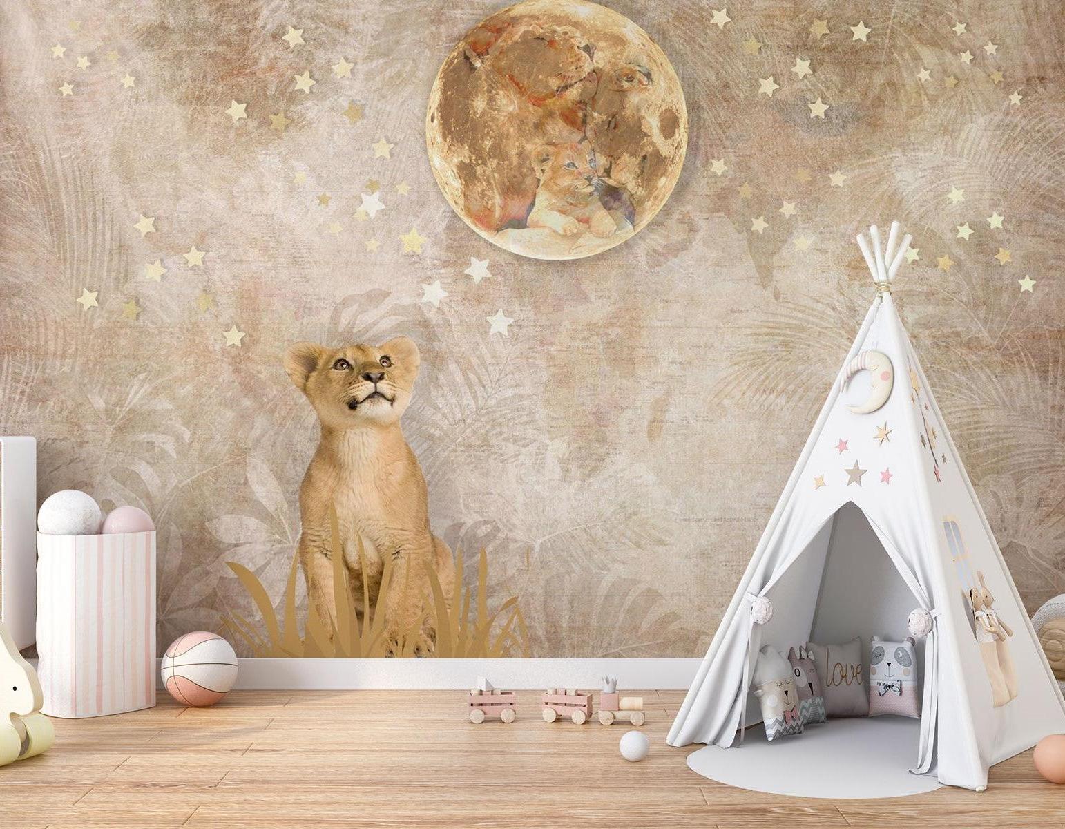 Safari Lion Mural Wallpaper | Dreamy Moon and Stars Design