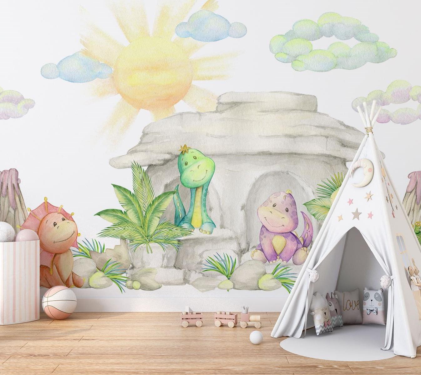 Dinosaur Mural Wallpaper | Watercolor Pastel Baby Dragons Cave