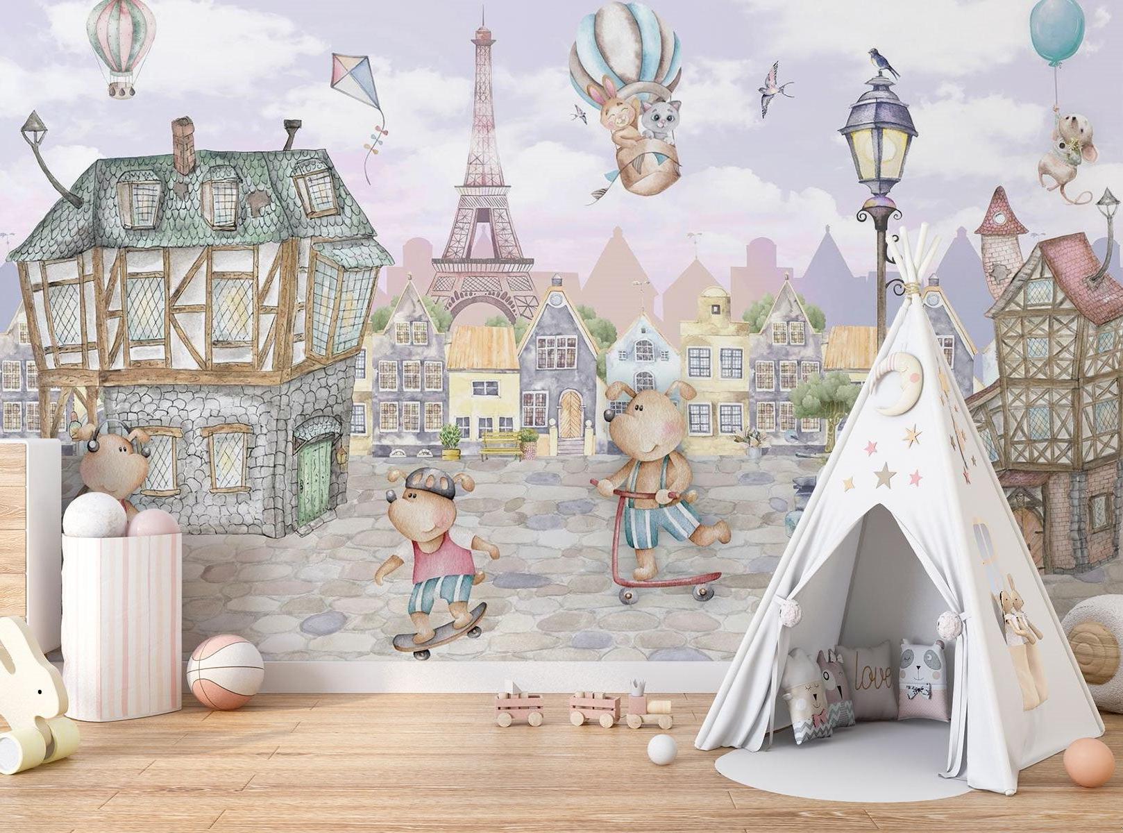 Paris Kids Mural Wallpaper | Whimsical Teddy Bears Adventure