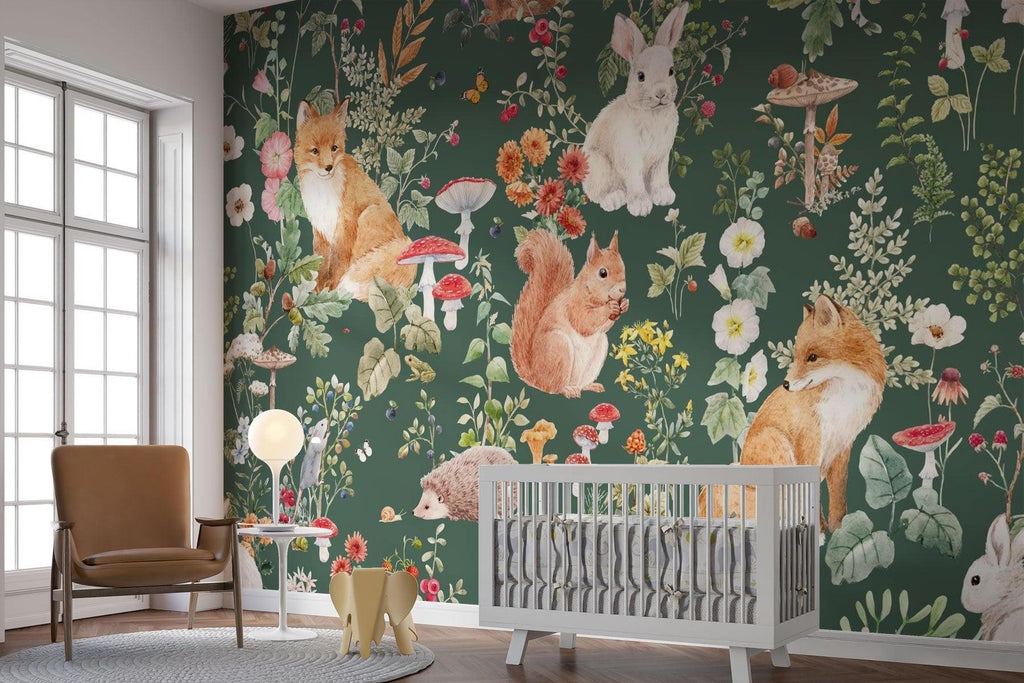 Forest Animals Mural Wallpaper | Woodland Creatures With Mushrooms
