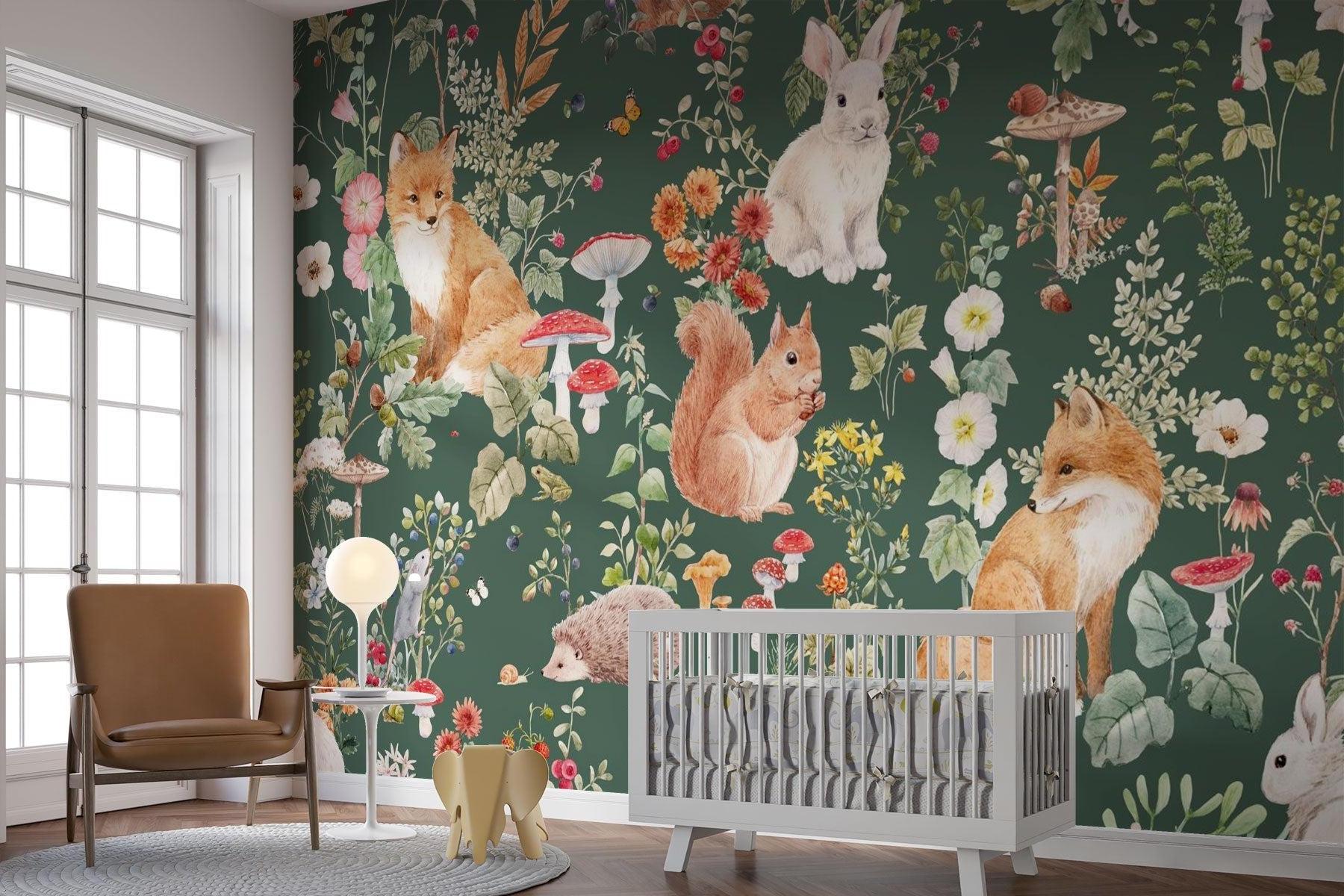 Forest Animals Mural Wallpaper | Woodland Creatures With Mushrooms