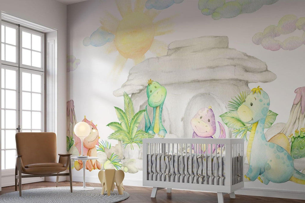 Dinosaur Mural Wallpaper | Watercolor Pastel Baby Dragons Cave