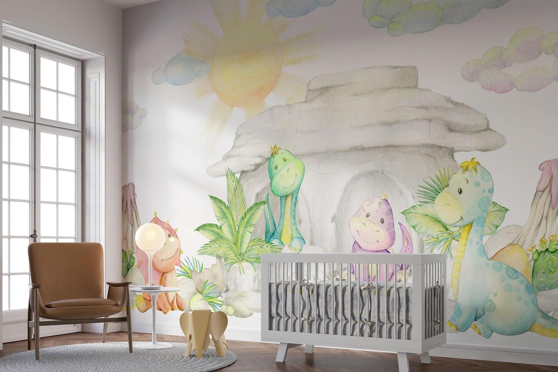 Dinosaur Mural Wallpaper | Watercolor Pastel Baby Dragons Cave