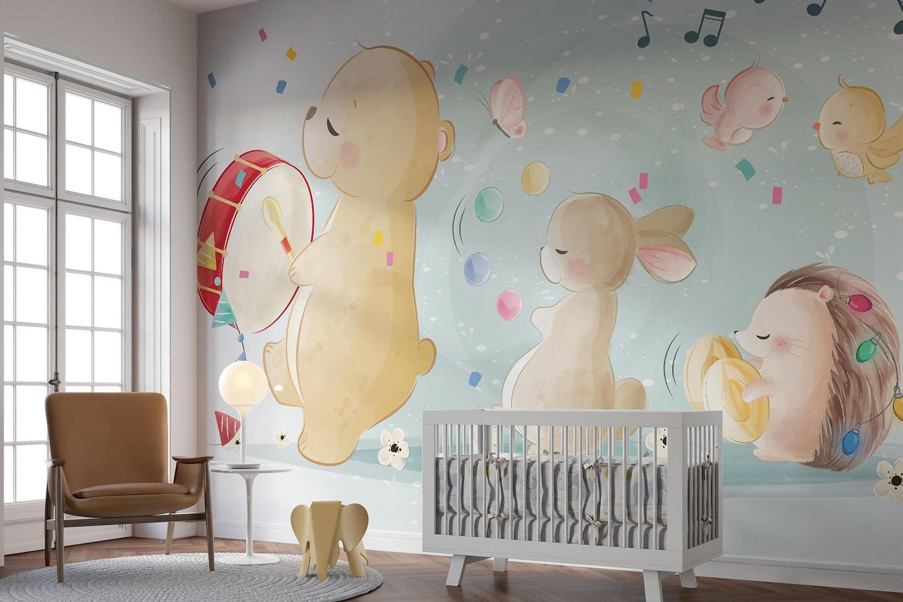 Musical Animals Mural Wallpaper | Playful Nursery Band with Bear and Bunny