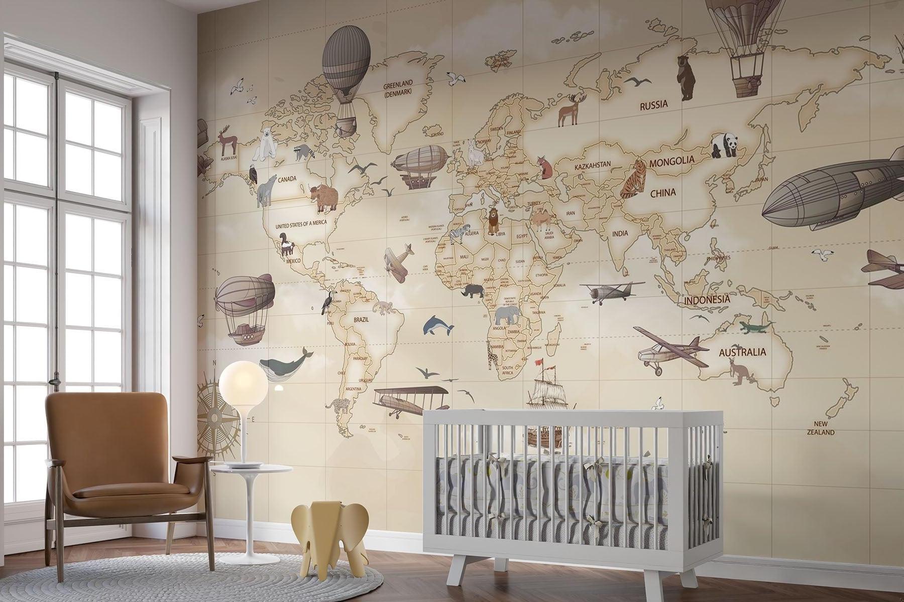 World Map Mural Wallpaper | Vintage Adventure Theme With Hot Air Balloons