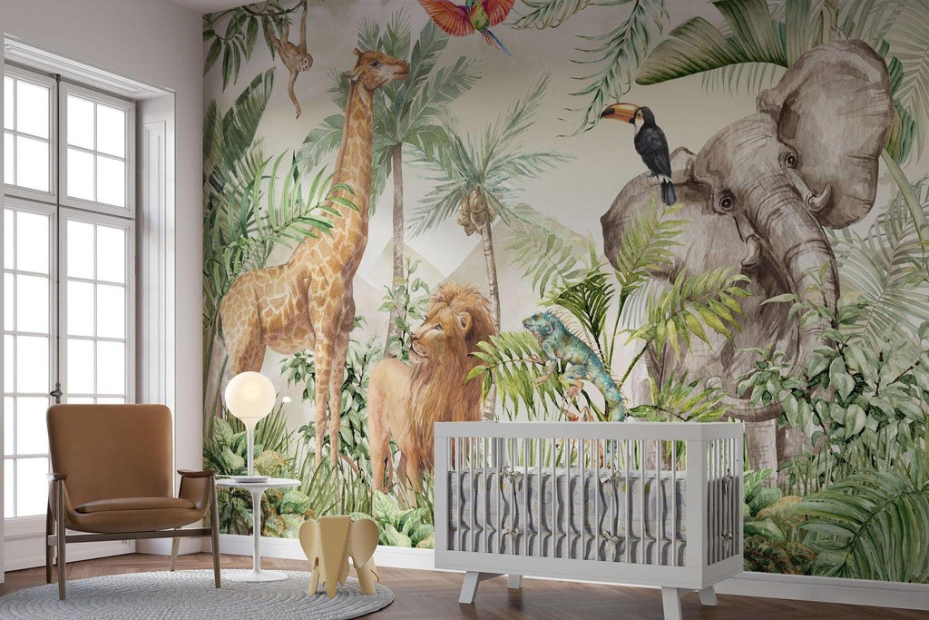 Jungle Animals Mural Wallpaper | Safari Wildlife with Tropical Foliage