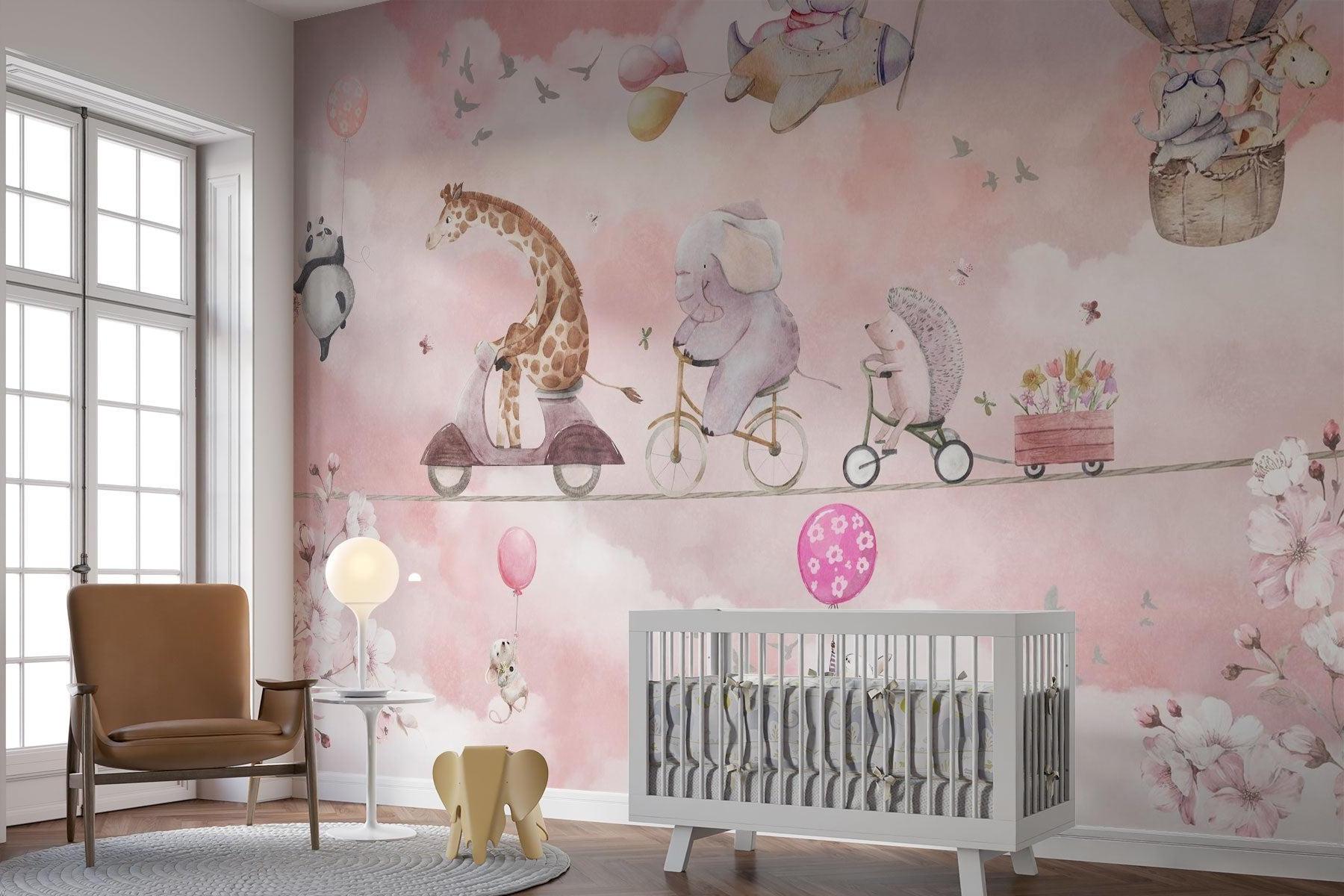 Kids Animal Mural Wallpaper | Adventure Parade in Pink Sky
