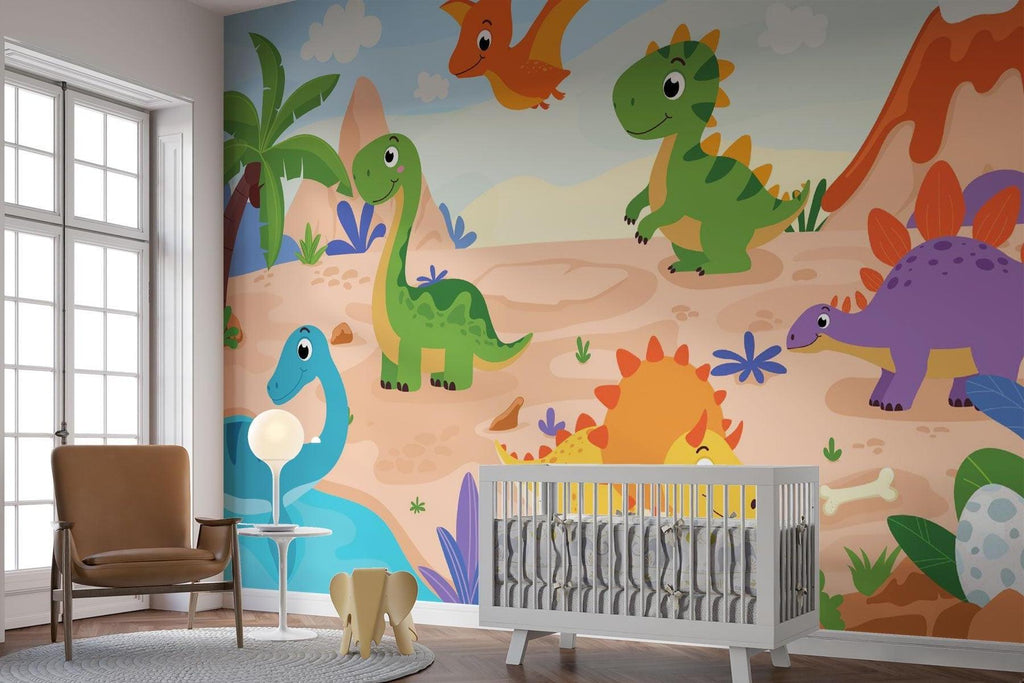 Dinosaur Mural Wallpaper | Cartoon Prehistoric Adventure Scene