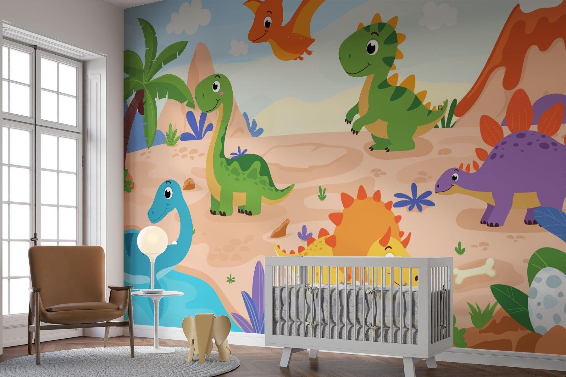Dinosaur Mural Wallpaper | Cartoon Prehistoric Adventure Scene