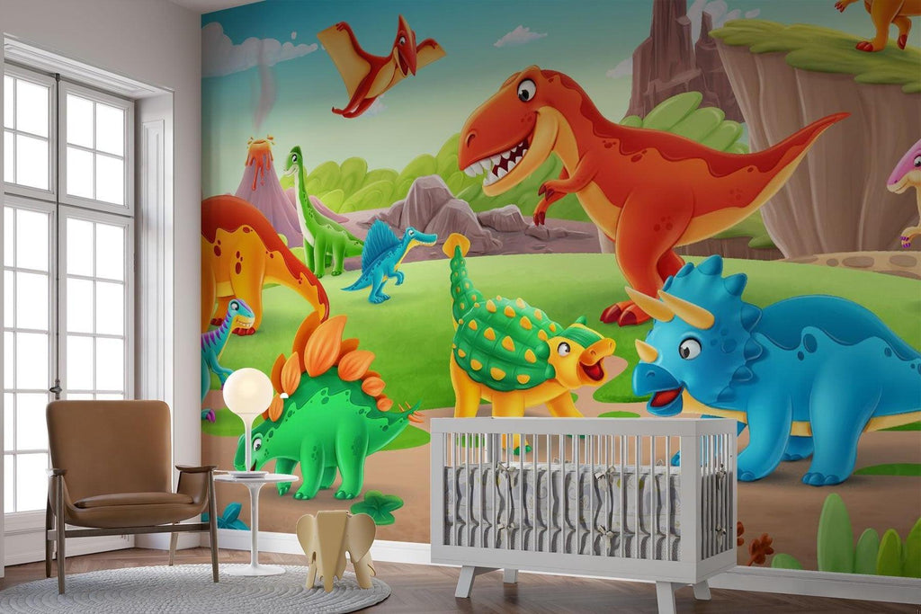Dinosaur Mural Wallpaper | Colorful Prehistoric Adventure Scene