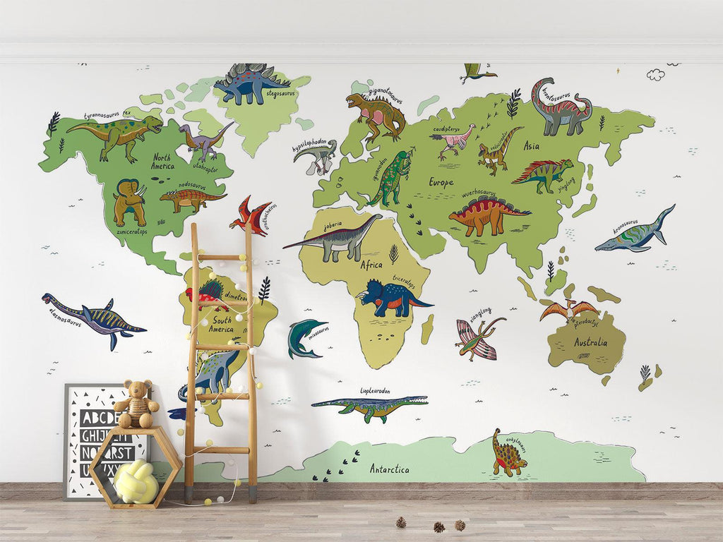 Dinosaur Mural Wallpaper | World Map Educational Design