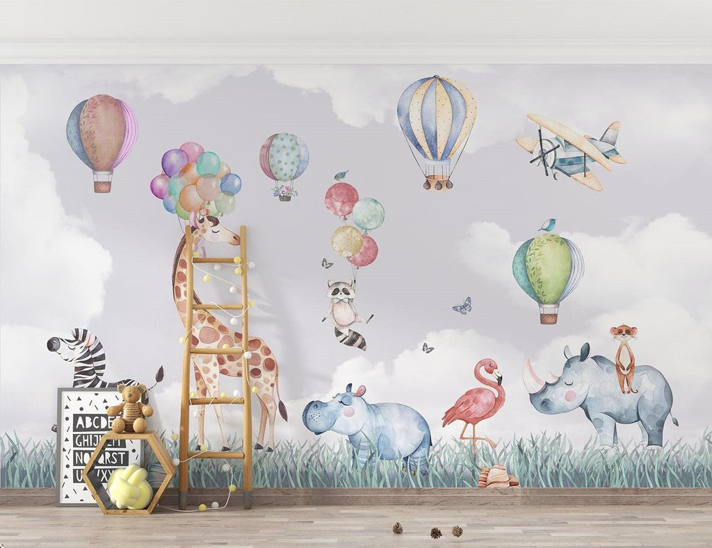 Safari Animals Mural Wallpaper | Watercolor Hot Air Balloon Adventure