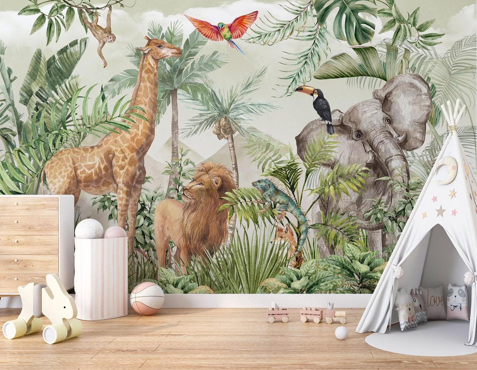 Jungle Animals Mural Wallpaper | Safari Wildlife with Tropical Foliage
