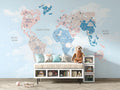 World Map Mural Wallpaper | Dinosaur Adventure in Pastel Colors