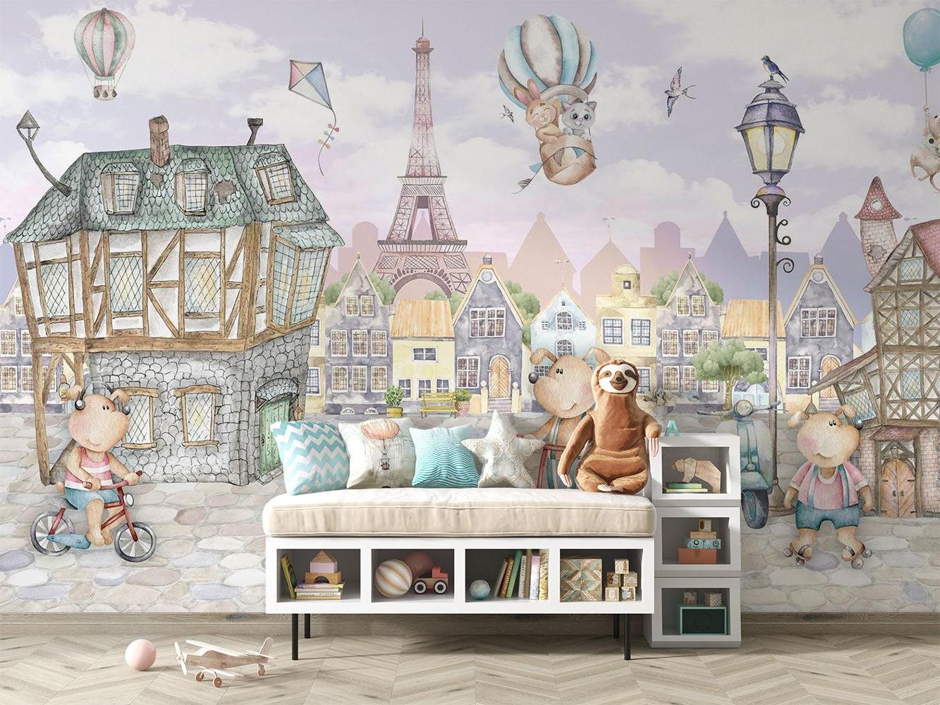 Paris Kids Mural Wallpaper | Whimsical Teddy Bears Adventure