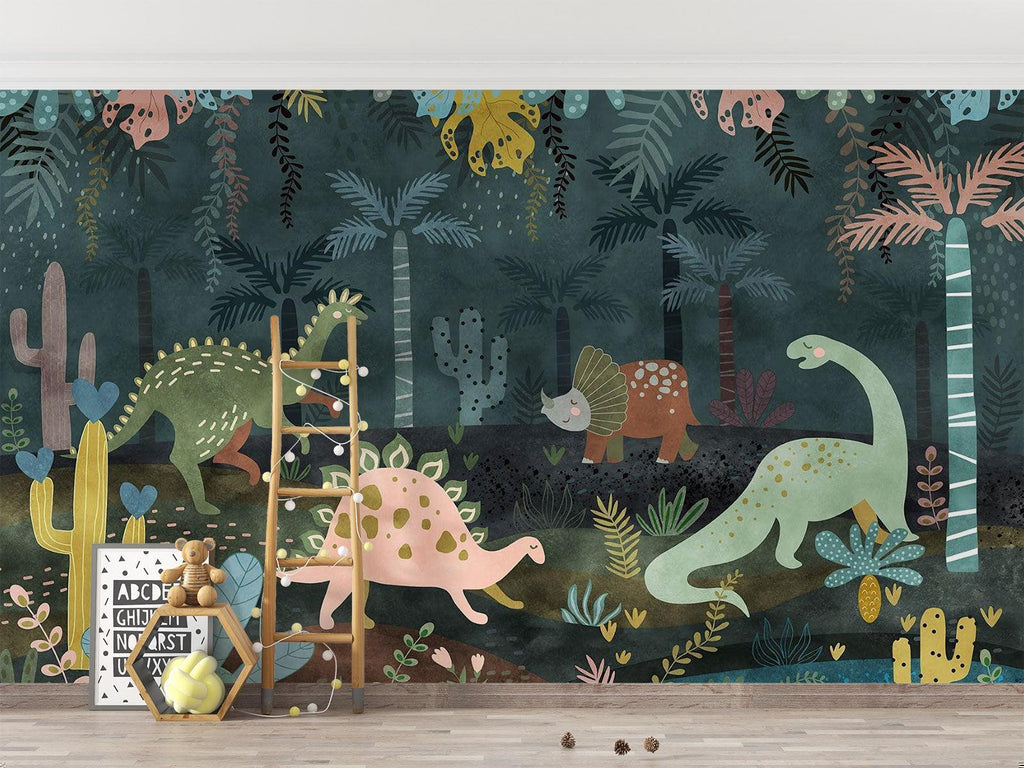 Dinosaur Mural Wallpaper | Jungle Adventure with Pastel Characters