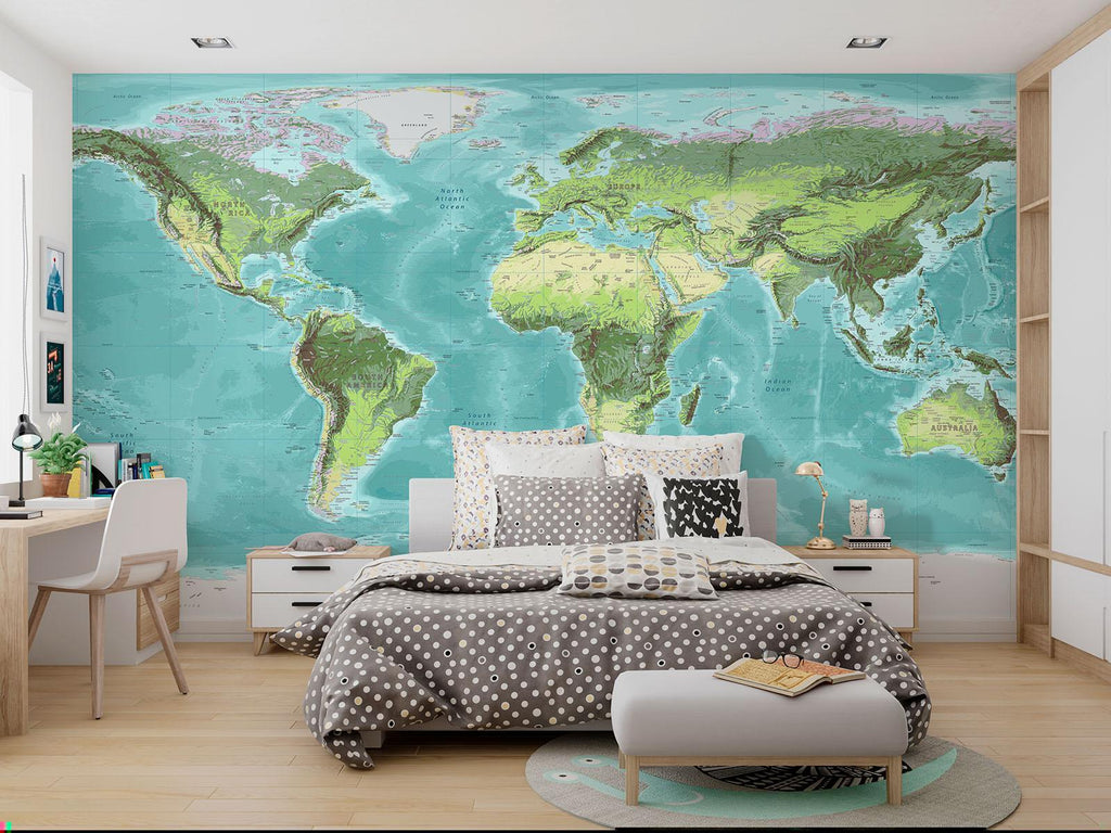 World Map Mural Wallpaper | Topographical Design in Turquoise and Green