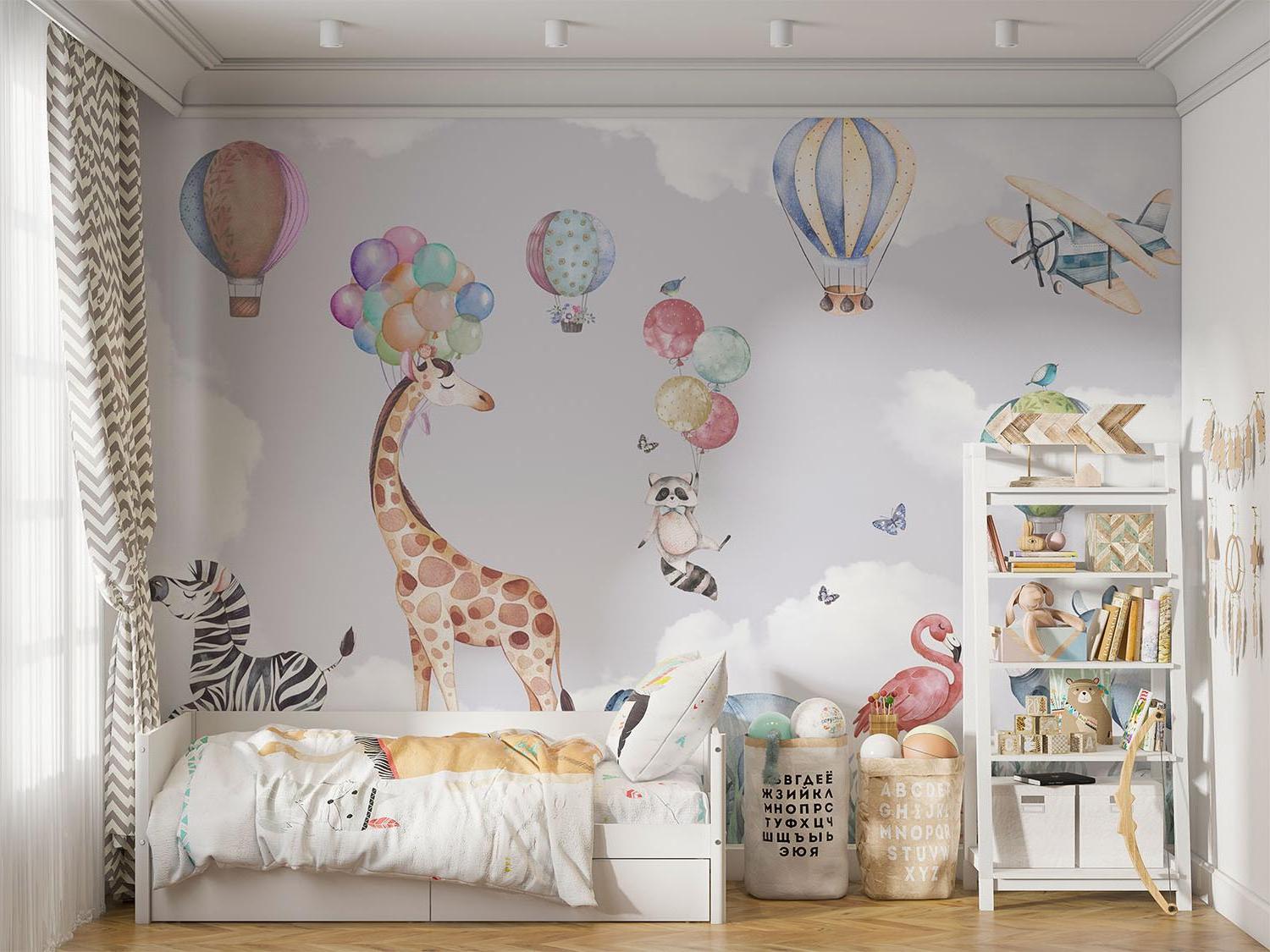 Safari Animals Mural Wallpaper | Watercolor Hot Air Balloon Adventure