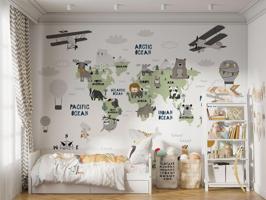 World Map Mural Wallpaper | Kids Adventure Theme with Animals