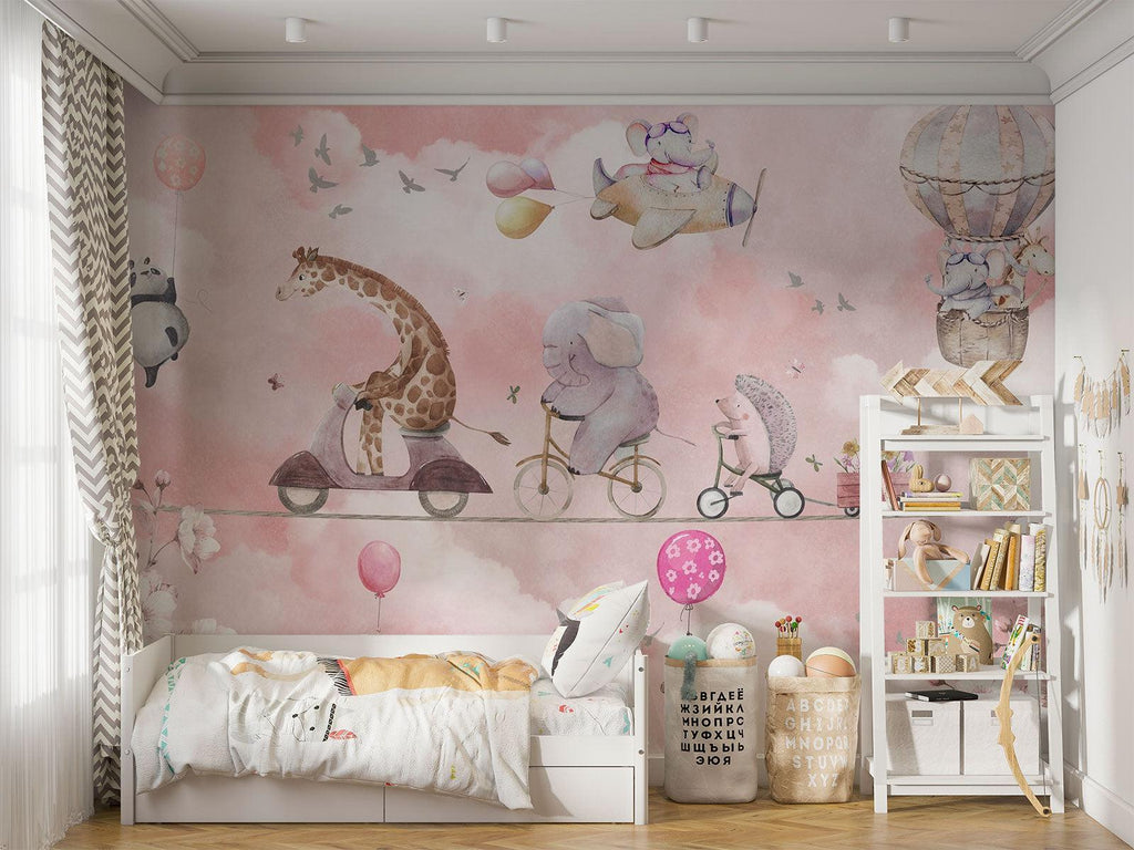 Kids Animal Mural Wallpaper | Adventure Parade in Pink Sky