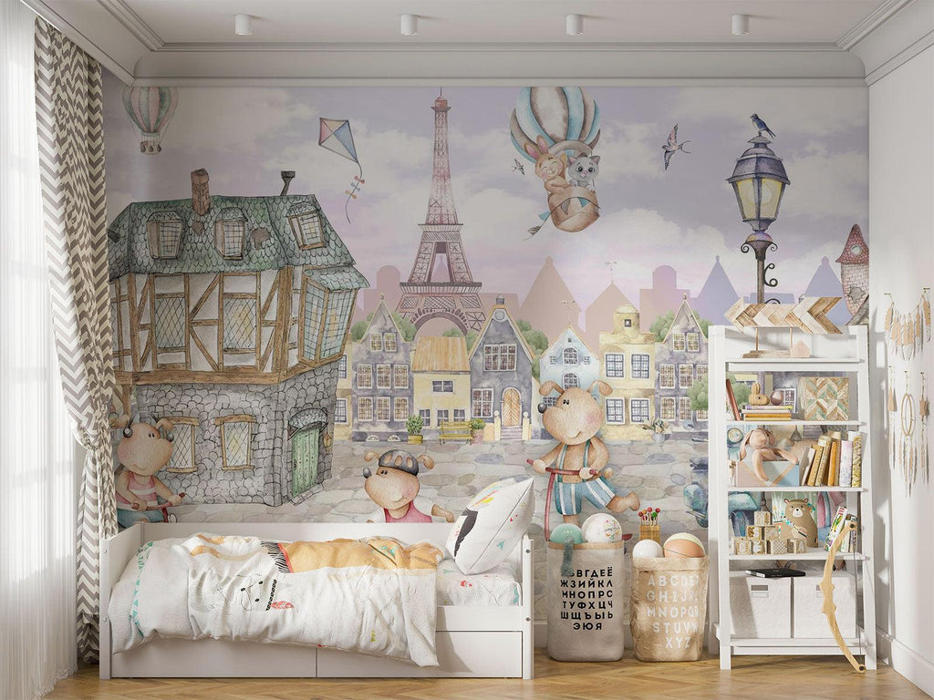 Paris Kids Mural Wallpaper | Whimsical Teddy Bears Adventure
