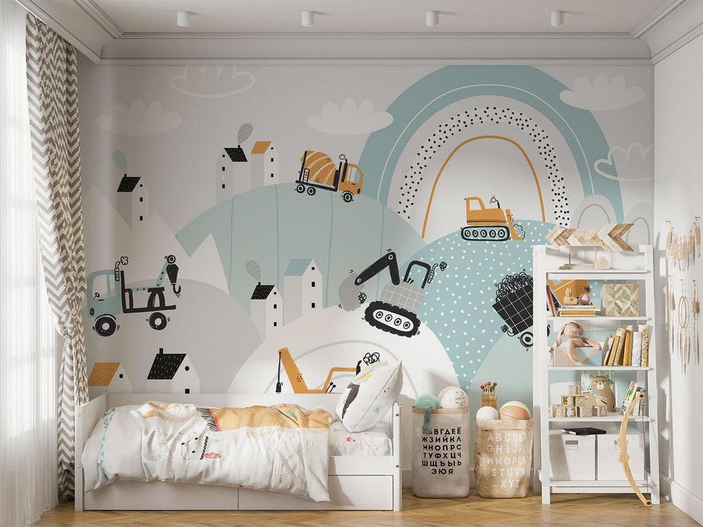 Construction Mural Wallpaper | Playful Vehicle Scene With Rainbow