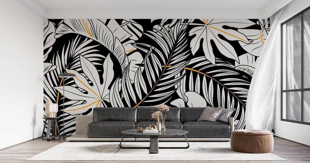 Tropical Mural Wallpaper | Black and White Monstera with Gold Accents