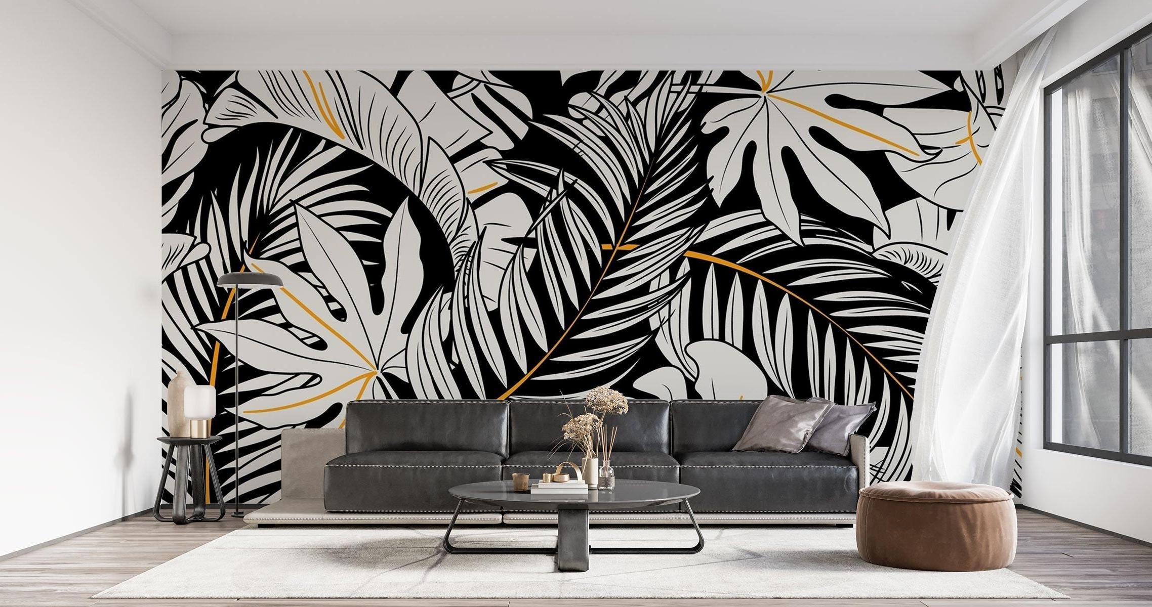 Tropical Mural Wallpaper | Black and White Monstera with Gold Accents