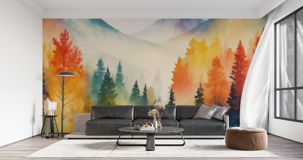 Forest Mural Wallpaper | Misty Mountain Watercolor Scene
