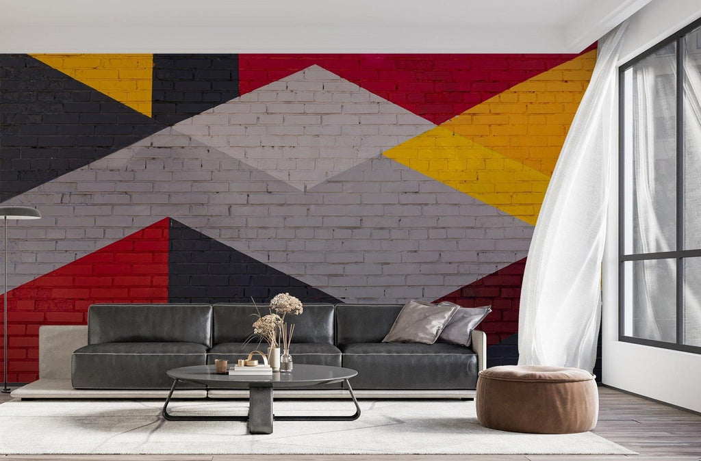 Geometric Mural Wallpaper | Modern Brick Pattern with Red and Yellow