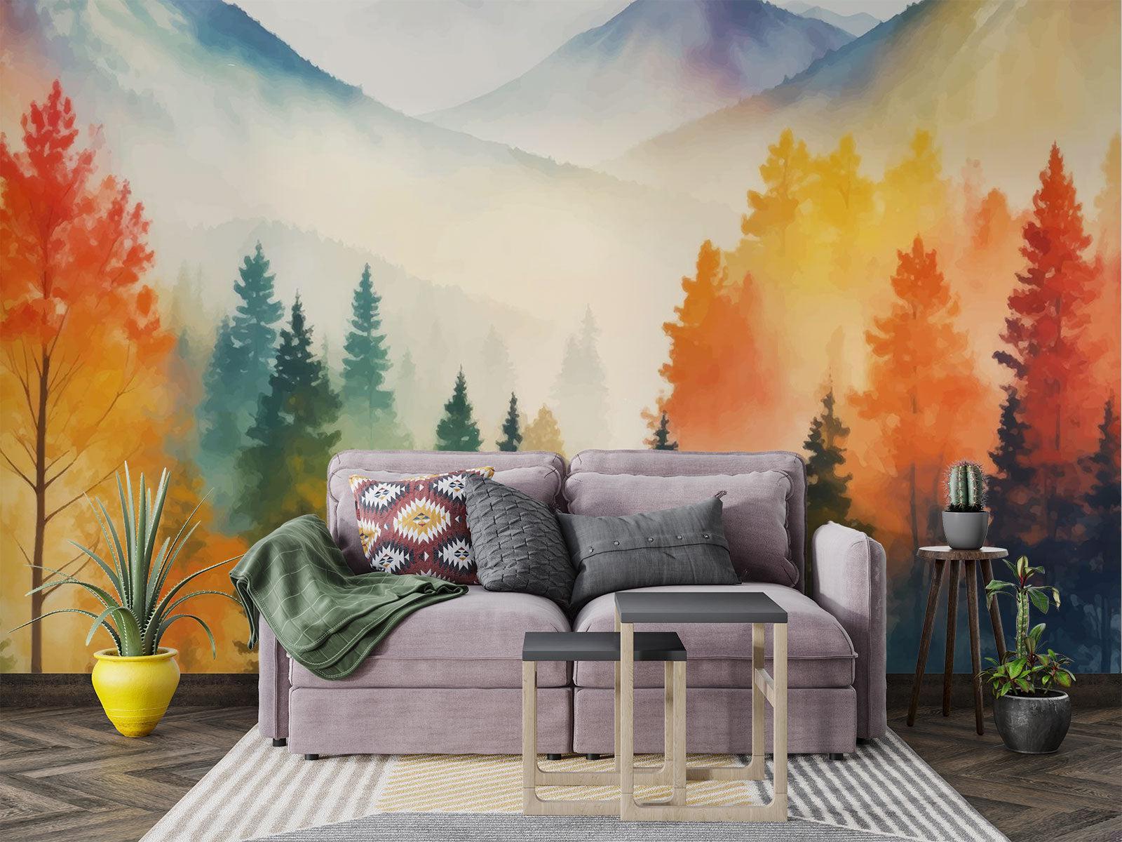 Forest Mural Wallpaper | Misty Mountain Watercolor Scene