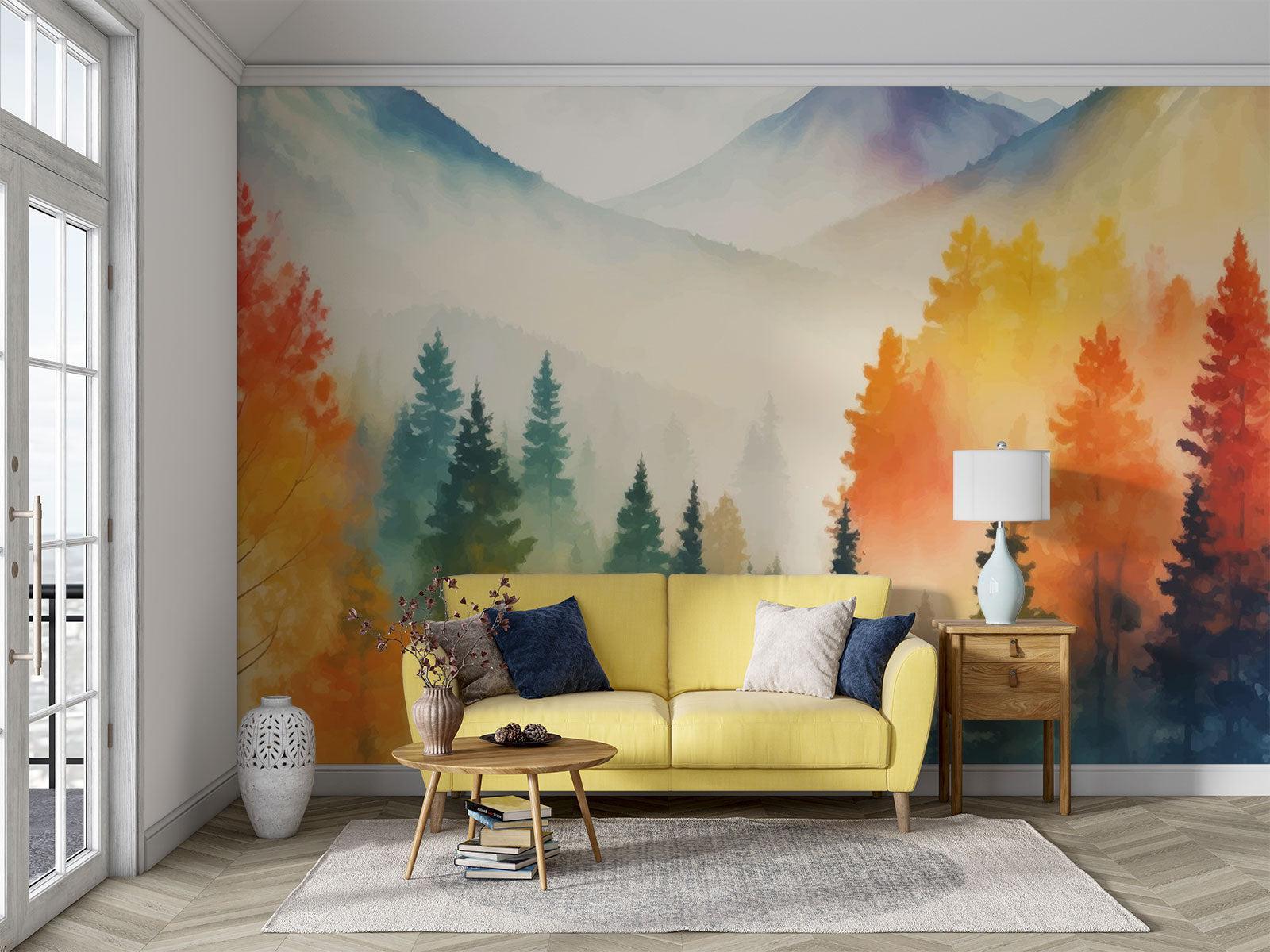 Forest Mural Wallpaper | Misty Mountain Watercolor Scene
